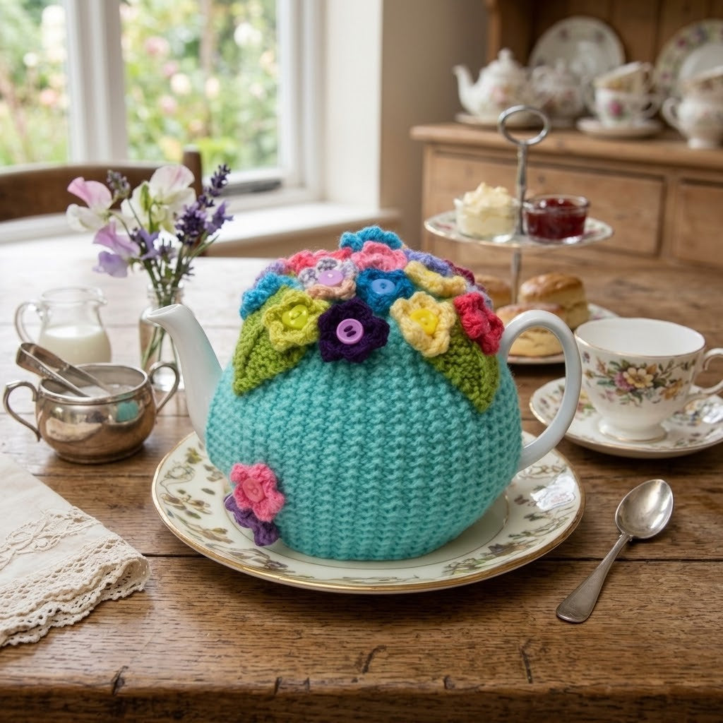 A turquoise crocheted teapot cover shaped like a teapot, decorated with colourful handmade flowers and green leaves, displayed on a wooden table in a tea-time setting.