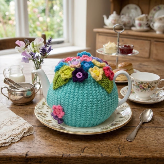 A turquoise crocheted teapot cover shaped like a teapot, decorated with colourful handmade flowers and green leaves, displayed on a wooden table in a tea-time setting.