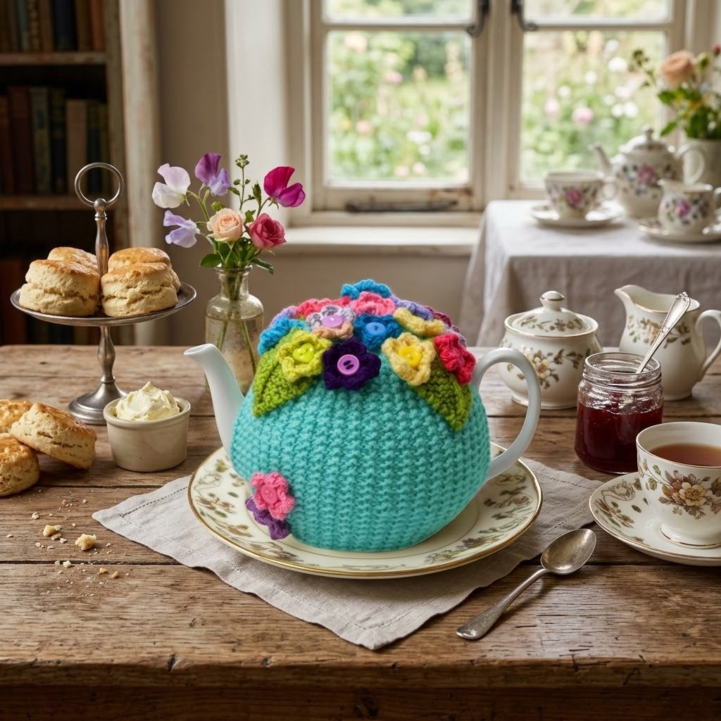 A crocheted turquoise teapot cover with colourful floral accents sits on a wooden table in a tea-time setting, surrounded by teacups, scones, flowers, and a teapot in a bright room.