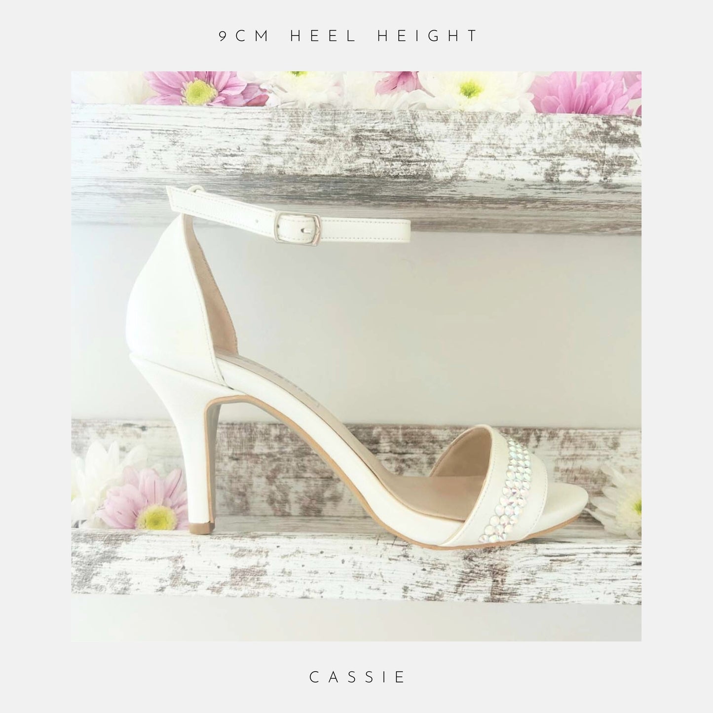 Ivory high-heeled shoe with '9CM HEEL HEIGHT' text and 'CASSIE' branding on a floral background.