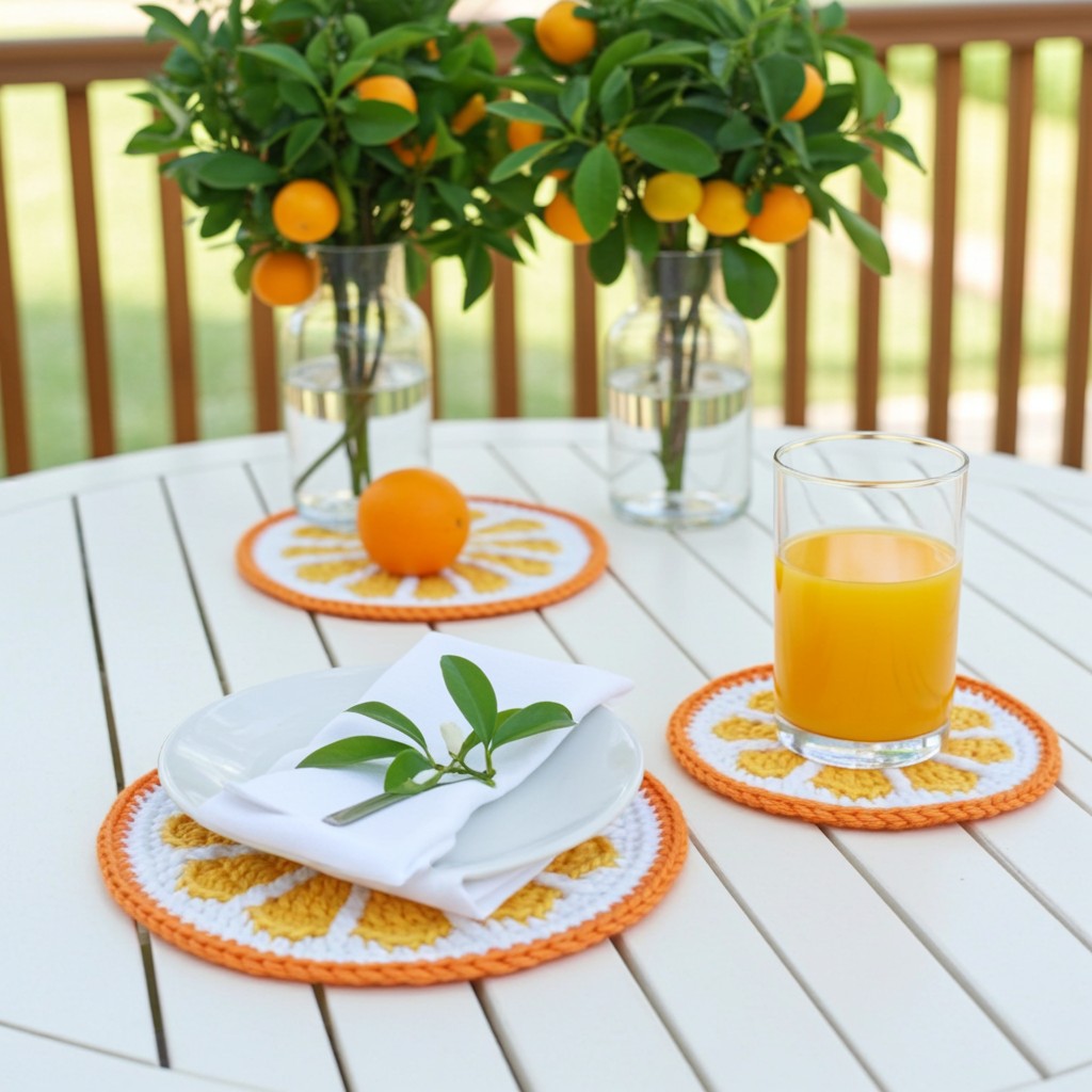 Three round woven placemats with orange and white citrus slice patterns are styled on a white outdoor table. One placemat is under a white plate with a folded white napkin and a green leaf sprig.