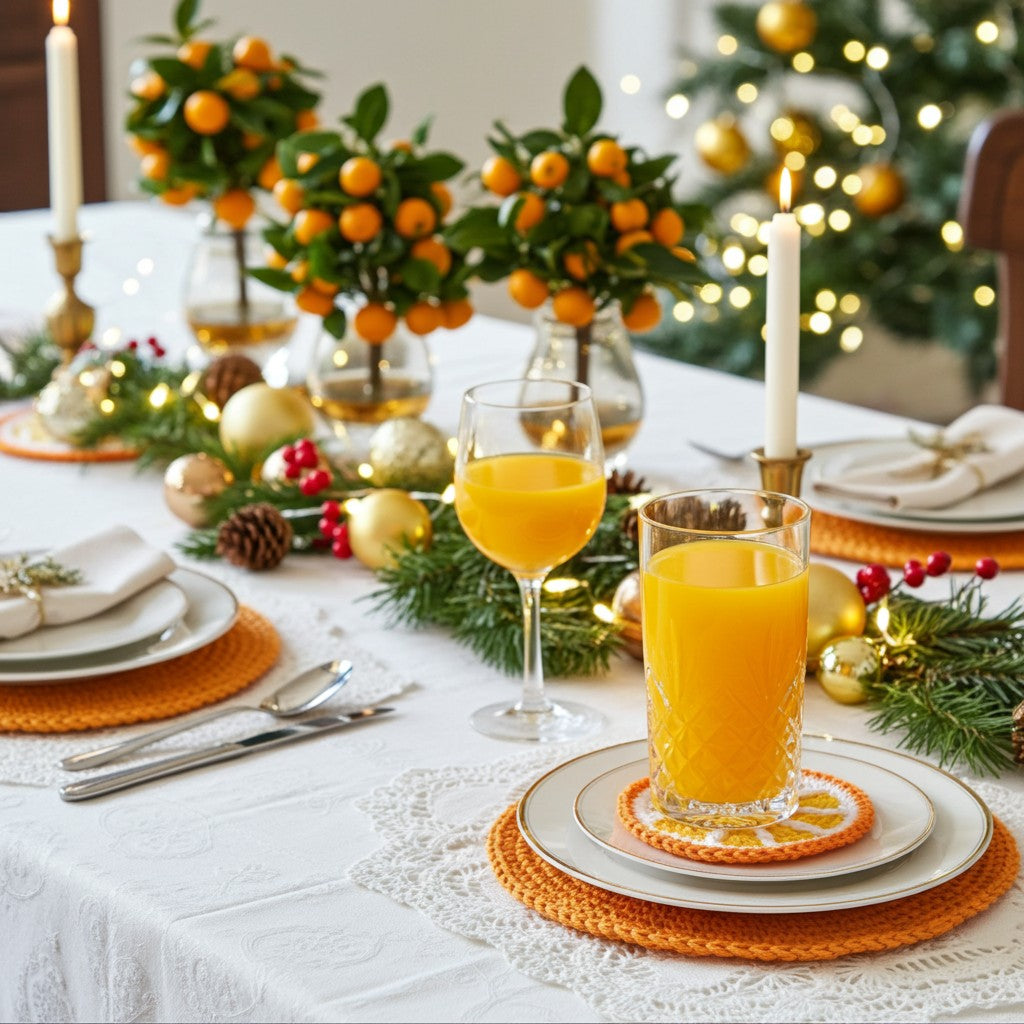 A festive holiday table setting with orange juice in clear glasses and a tumbler, decorated with white plates, orange placemats, evergreen sprigs, gold ornaments, candles, and small orange trees, with a blurred Christmas tree in the background.