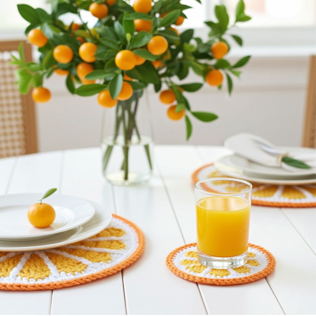 A styled dining table scene with crocheted orange-and-white placemats, a glass of orange juice, and a vase of kumquat branches in the background.