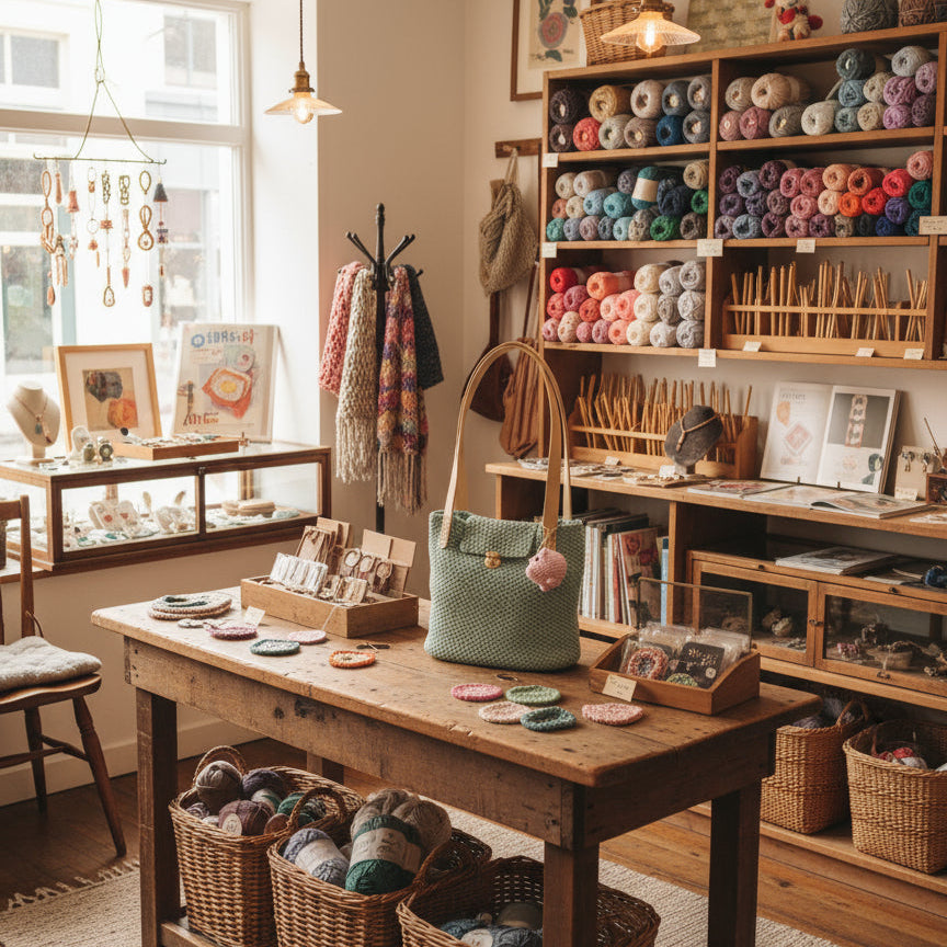 Green crochet shoulder bag with a crochet pig charm on a rustic table  with a yarn shop in the background 