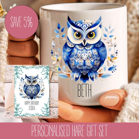 An owl design coffee mug with a blue and white pattern, and a personalised card that reads 'Beth'. The mug appears to be ceramic and there is a discount of 5% mentioned.