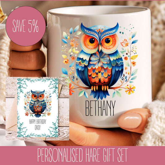 A personalised owl-themed gift set which includes a colorful owl design mug and a matching card, with the name 'Bethany' printed on the mug.
