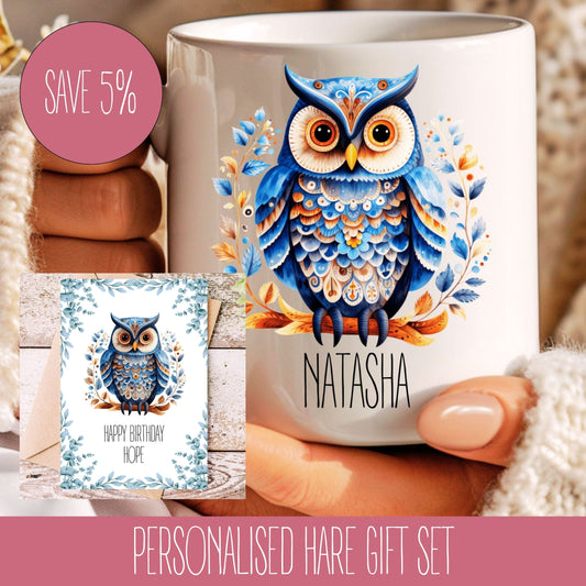 A personalised owl-themed gift set including a mug with a colorful owl design and a matching card, both featuring a name in the personalisation box.