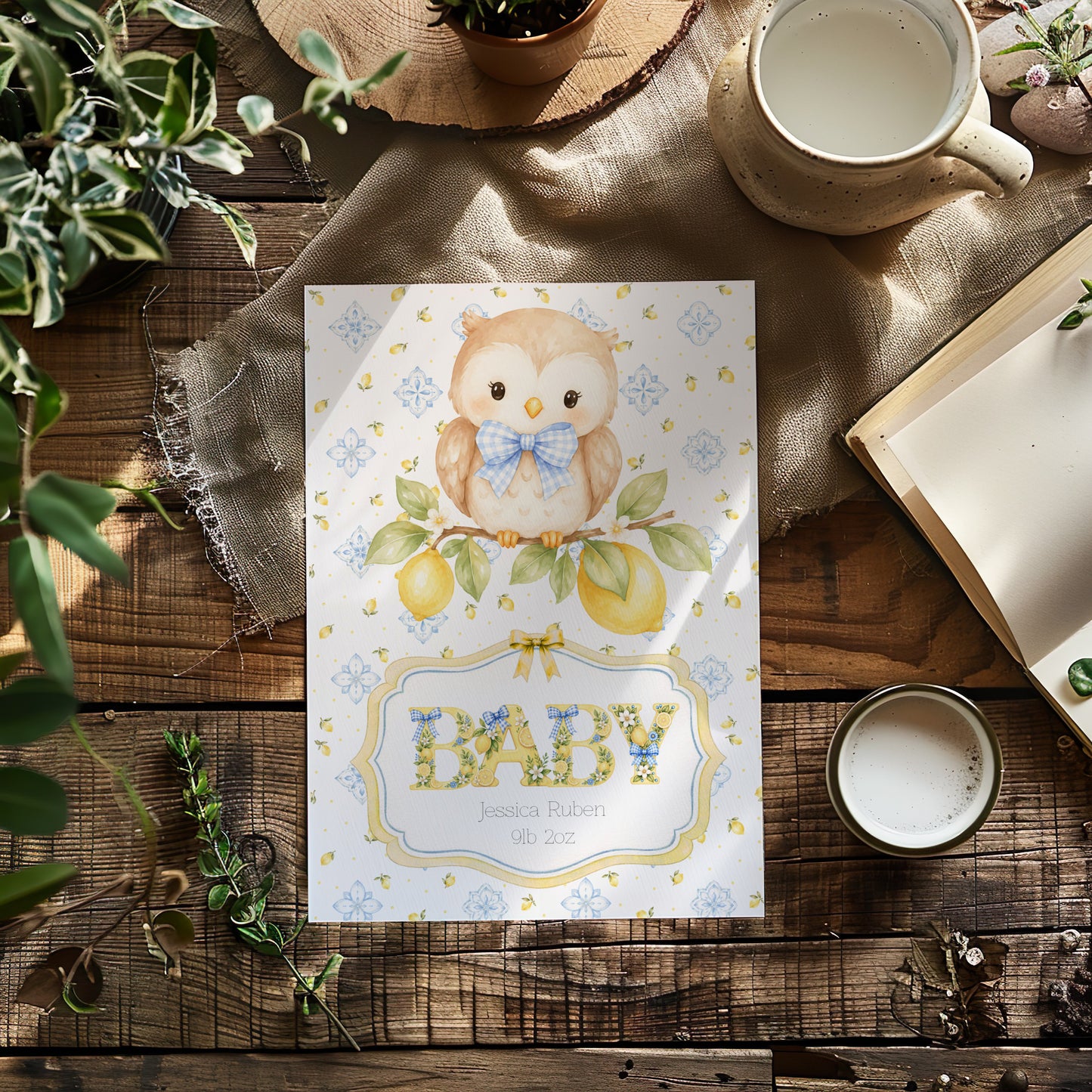 Personalised Baby Owl Newborn Baby Card – Custom Name & Birth Weight