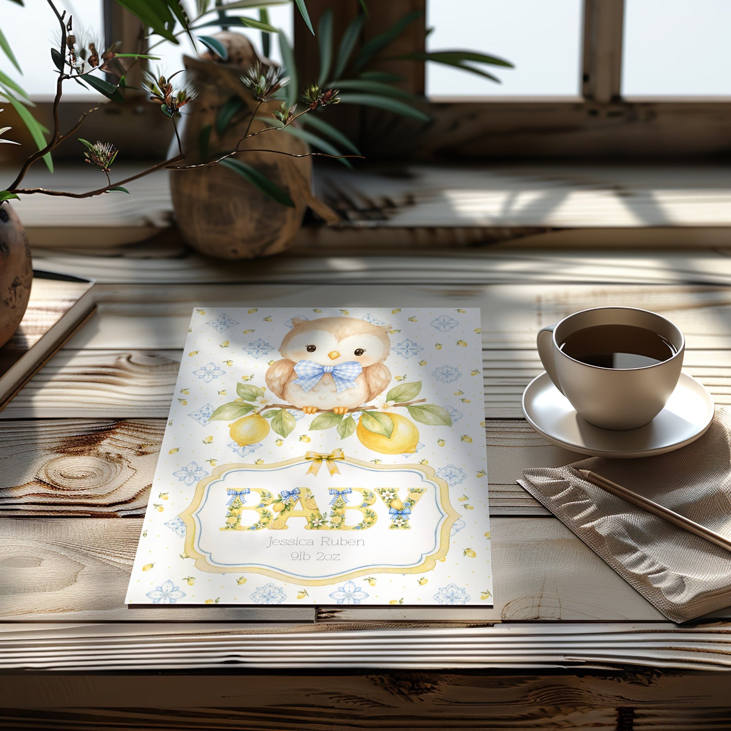 Personalised Baby Owl Newborn Baby Card – Custom Name & Birth Weight