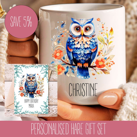 A promotional image featuring a white ceramic mug with a colourful owl design and floral elements, alongside a personalised A5 card with the name 'CHRISTINE'.