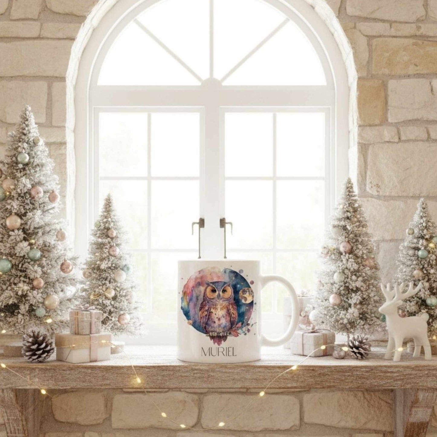Decorative mantel with Christmas trees, a mug featuring an owl design, and small gifts against a stone wall.