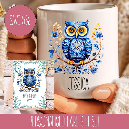 A white ceramic mug with a blue and yellow owl design, accompanied by a personalised card with the name 'Jessica'.