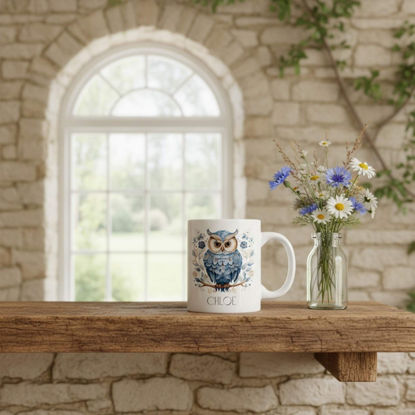 White mug with owl design and 'Chloe' branding on a wooden table with a stone wall and window background.