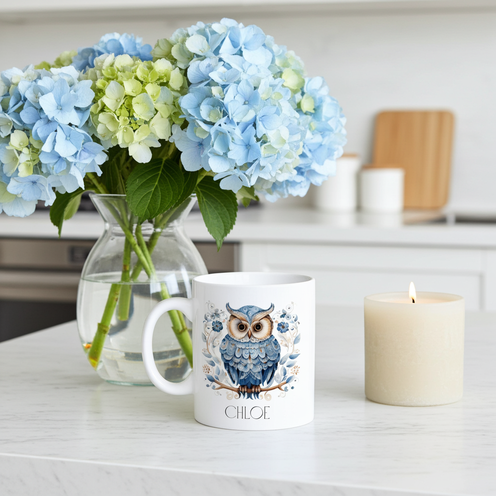 Mug with owl design, vase of flowers, and candle on a table