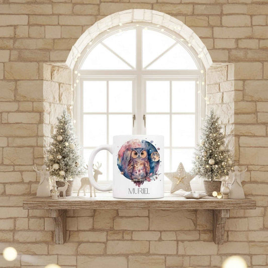 Decorative owl mug on a wooden shelf with stone wall and window in the background in a festive scene.