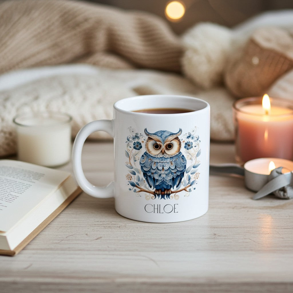 White mug with an owl design and 'Chloe' text on a wooden surface with candles and a book.