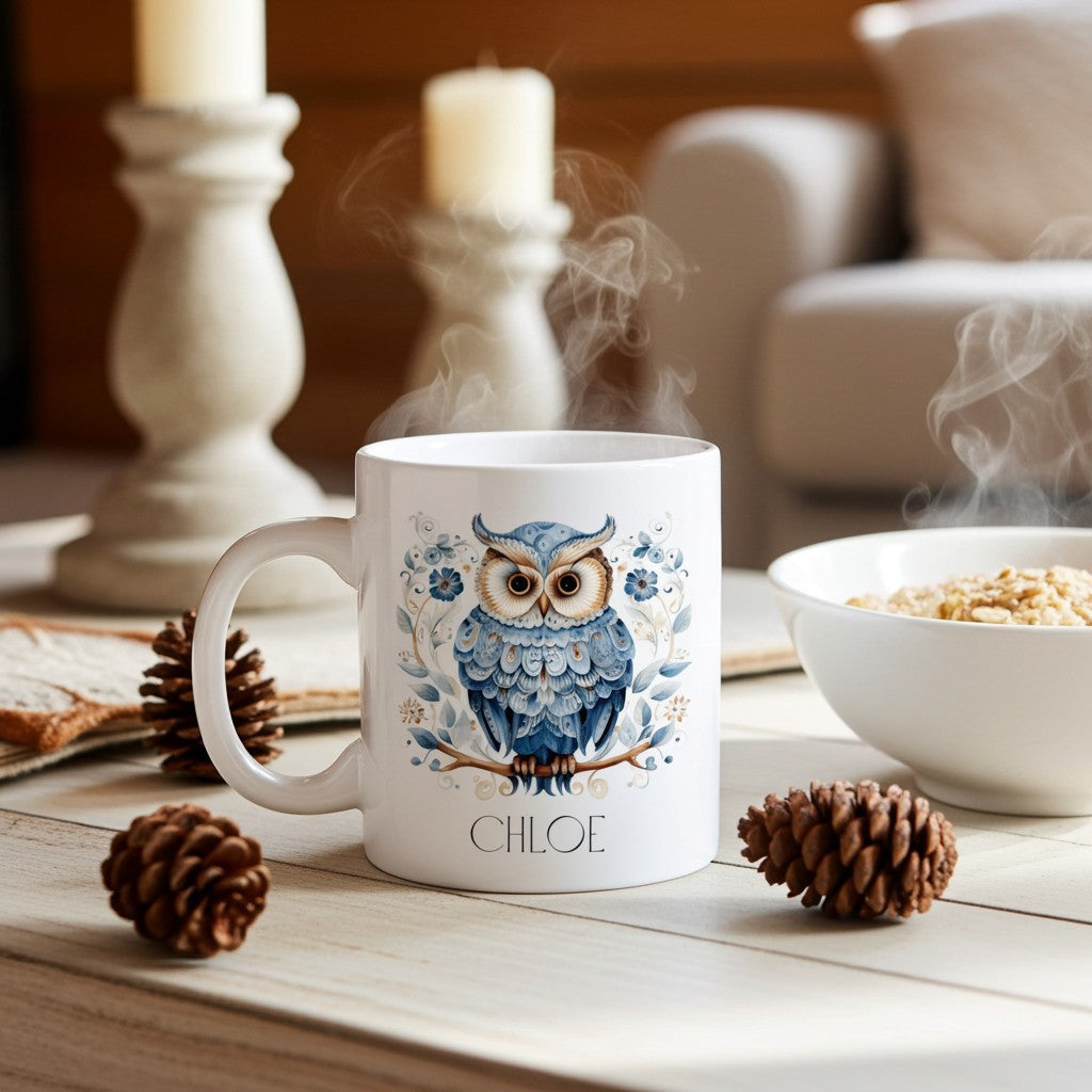 White mug with an owl design and the name 'Chloe' on a table with pinecones and a bowl of cereal.