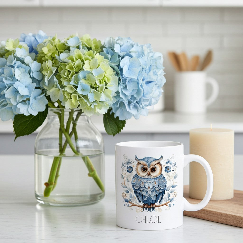 White mug with owl design and 'Chloe' branding next to a vase of blue and green hydrangeas on a kitchen counter.