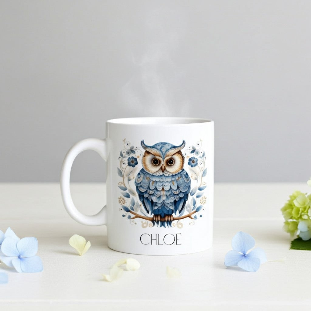 White mug with an owl design and the name 'Chloe' on a light grey background