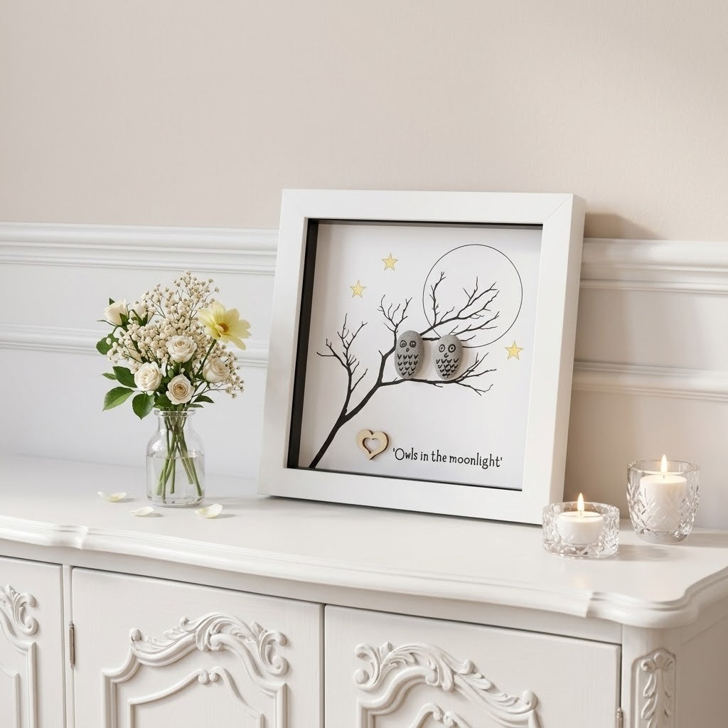 A framed wall art piece displayed on a white cabinet, featuring a black branch with two grey owl figures, small gold stars, and the text 'Owl in the moonlight' on a white background. The frame sits beside a glass vase of flowers and two lit candles against a light beige wall.
