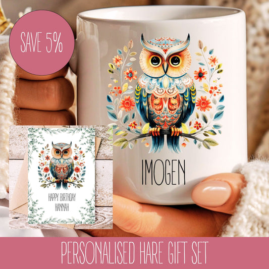 A personalised gift set featuring a colorful owl mug and a matching card with custom text.