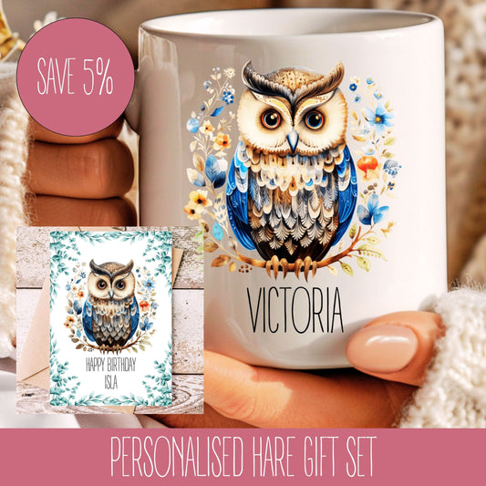 A personalised gift set featuring a mug with a colorful owl design and a matching greeting card, both with custom text on them.