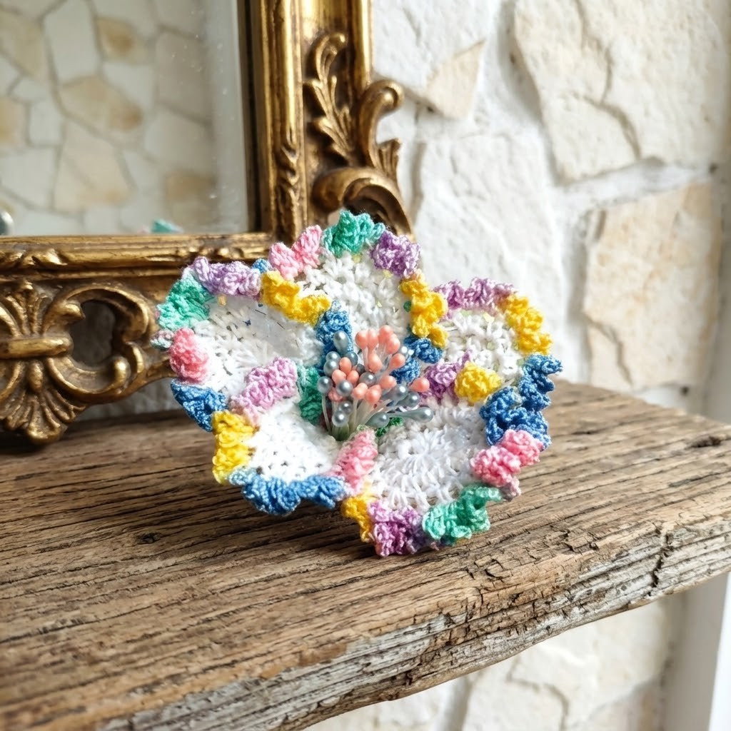 A colourful crocheted brooch with a ruffled border and a small embroidered floral motif in the centre, displayed on a rustic wooden shelf next to an ornate gold mirror frame.