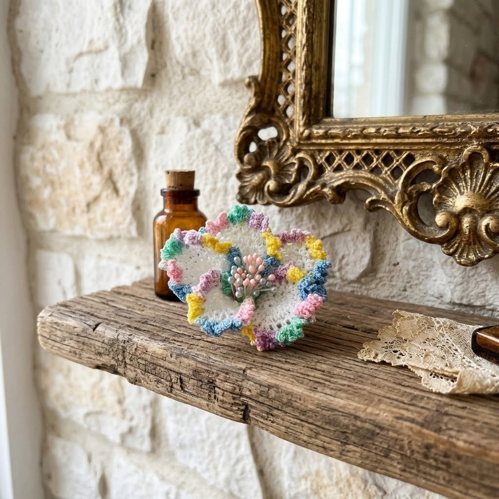 A handmade, ruffled crocheted floral brooch in pastel rainbow colours sits on a rustic wooden shelf next to an amber glass bottle and an ornate gold mirror against a white stone wall.