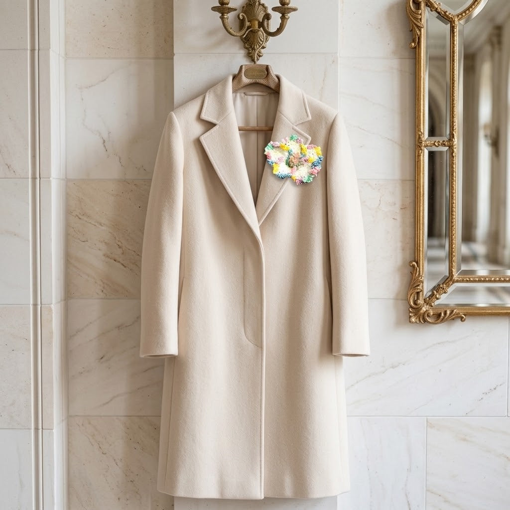 A cream-coloured wool coat hanging on a wall hook, decorated with a colourful floral brooch on the left lapel, set against a marble wall with a gold mirror.