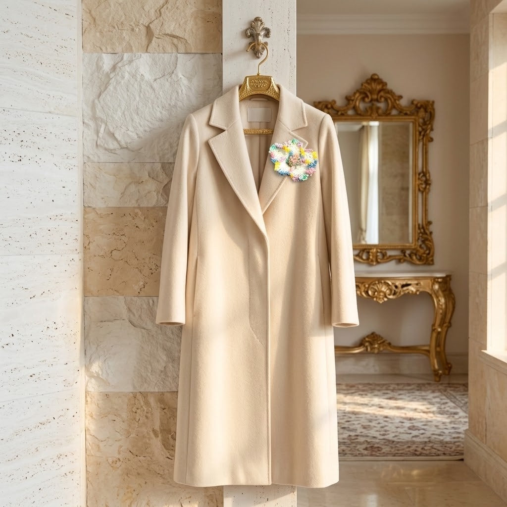 A long cream-colored wool coat hangs on a wooden hanger against a beige stone wall, decorated with a colourful floral brooch on the left lapel. In the background, a gold-framed mirror and console table are visible in a luxurious interior setting.