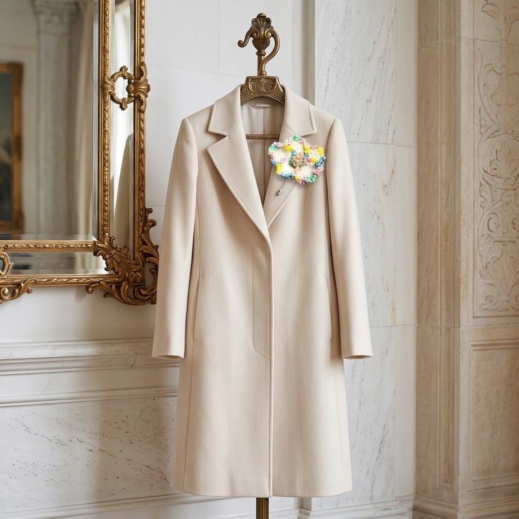 A long cream-coloured wool coat with notch lapels and a single front button, hanging on a decorative gold hanger in an elegant interior setting with a gold mirror and marble walls.