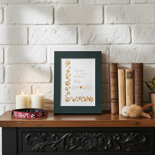 Framed pet memorial painting on a wooden surface with candles and books in the background