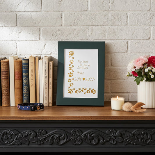 Framed print with paw prints and text on a wooden shelf against a brick wall.