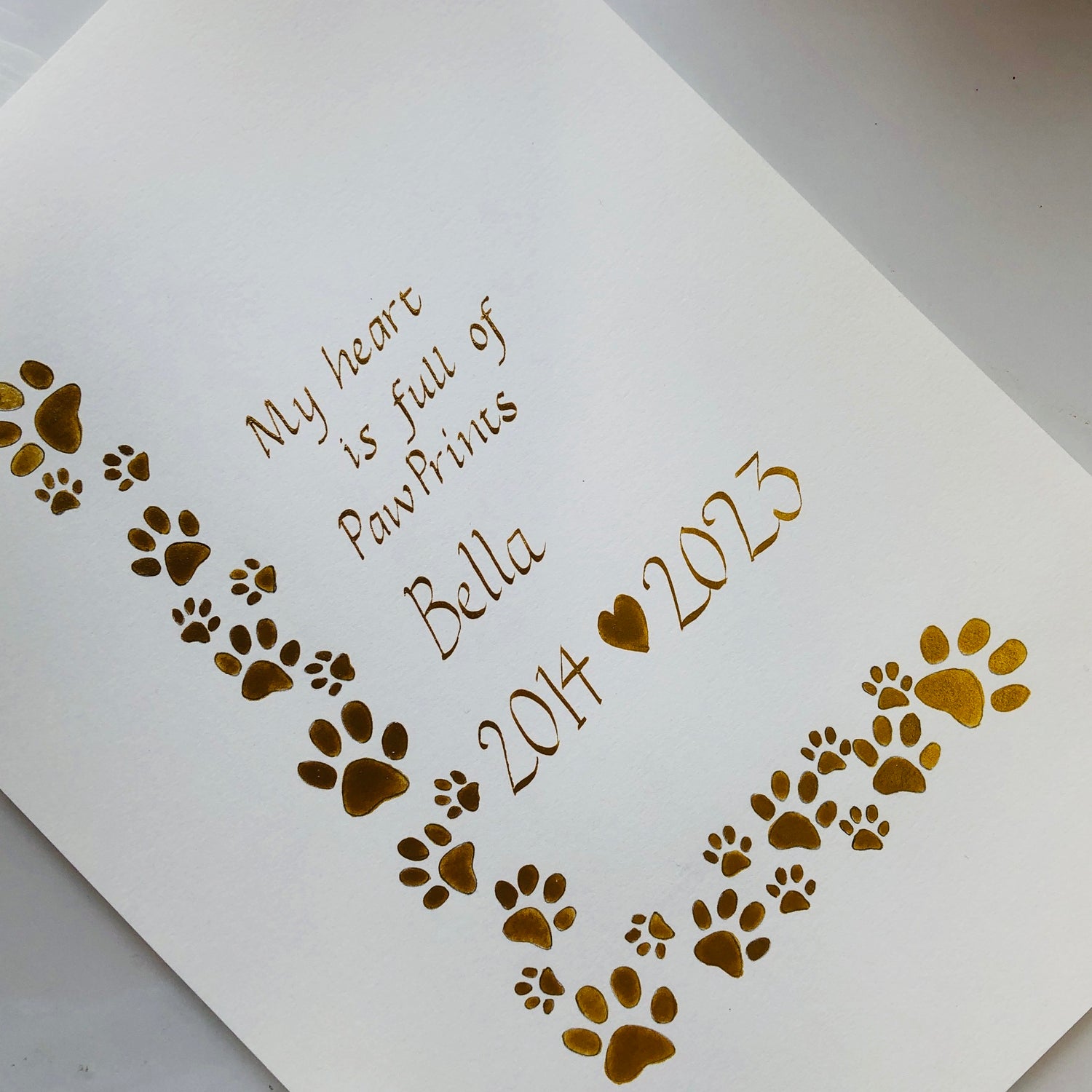 Close up of hand painted paw print memorial painting