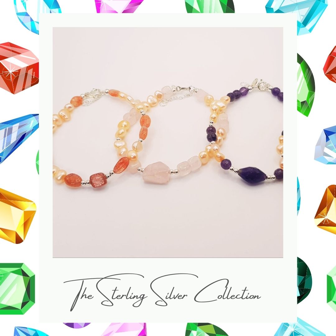 Three bracelets with freshwater pearls and gemstone with a border image off jewels, text reads The Sterling Silver Collection