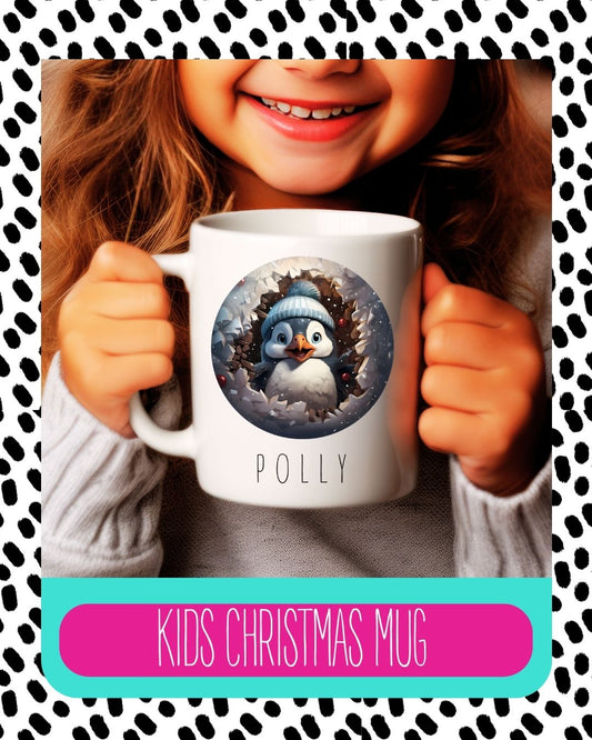 A child holding a white ceramic mug with a personalised 'Polly' penguin design, suitable for Christmas gifting.