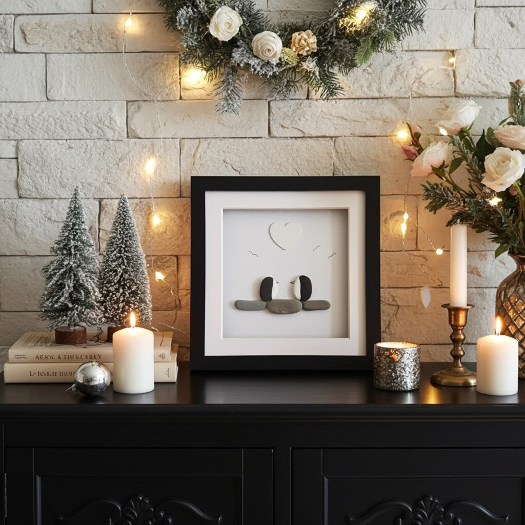 A framed minimalist stone art print of a two penguins and heart, styled on a black wooden console table against a light brick wall with Christmas decorations, candles, and a floral arrangement.