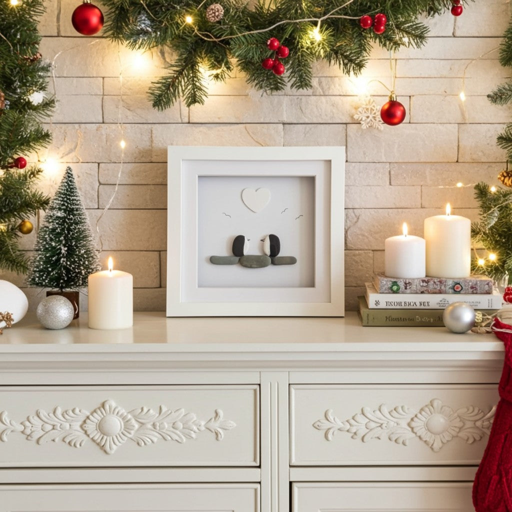 A white square shadow box frame displaying a minimalist pebble penguin design, styled on a white dresser alongside Christmas candles, a small tree, ornaments, and a garland against a brick wall.