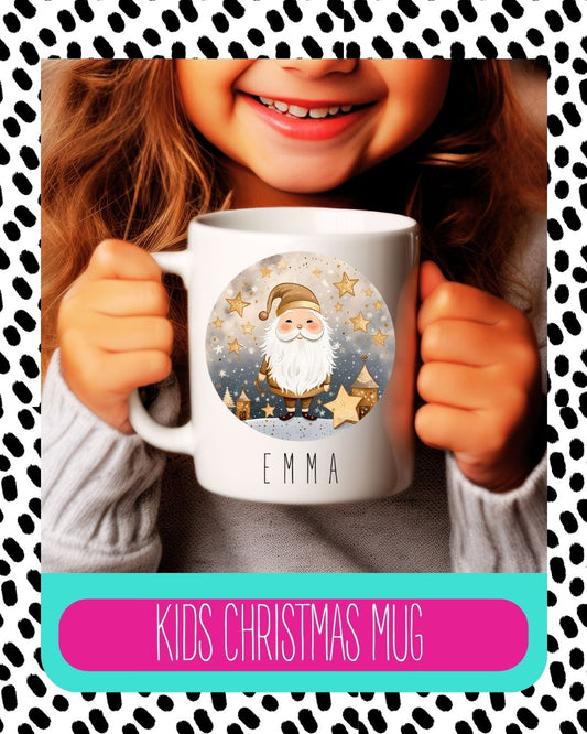 A child holding a white ceramic mug with a personalised message and Santa Claus design.