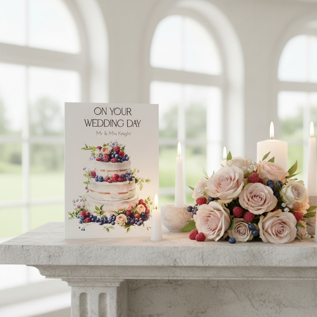 Wedding card with cake illustration on a marble surface with flowers and candles.