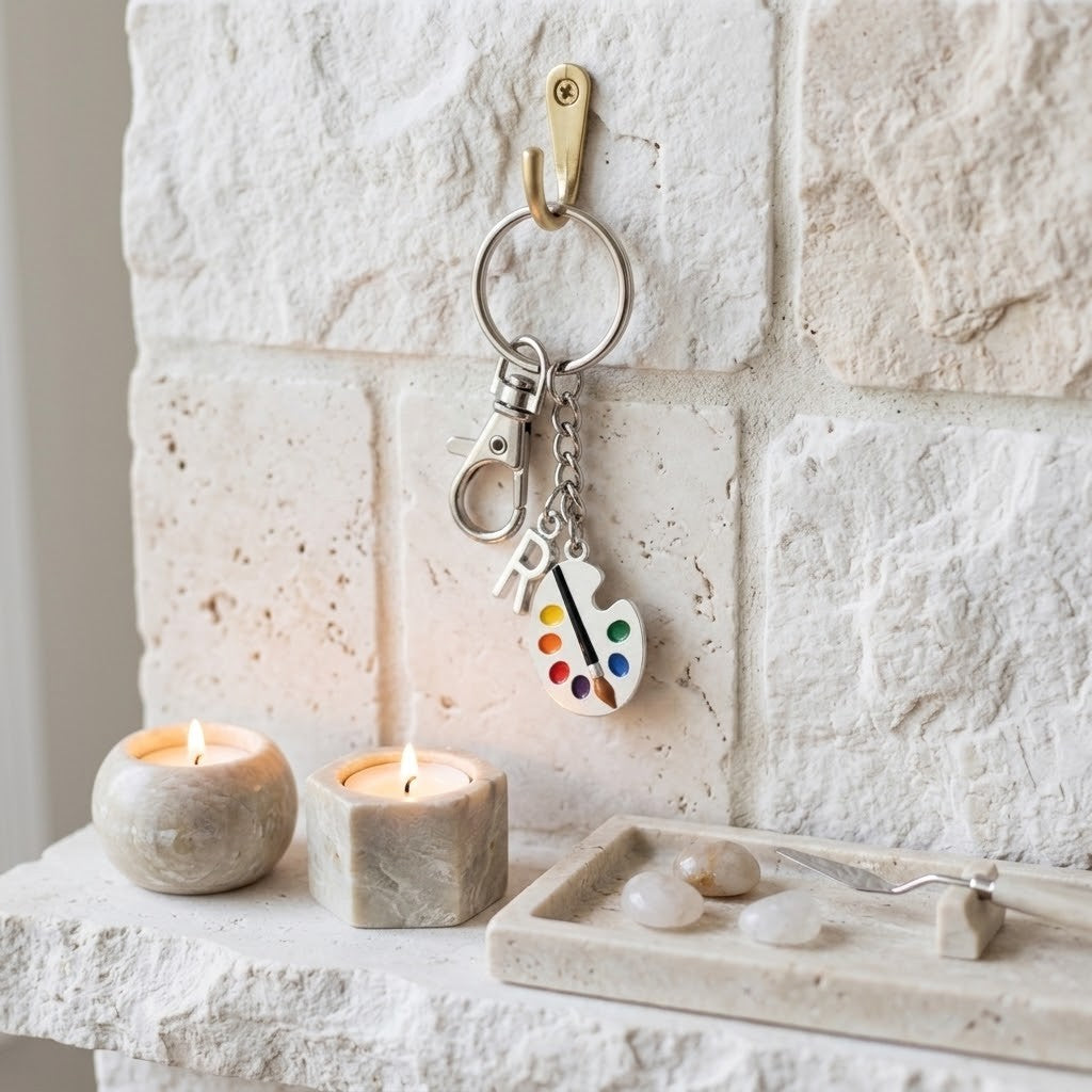 A silver keychain with a paint palette charm hangs from a brass wall hook on a white stone wall above a marble mantel with two lit candles and a crystal tray.