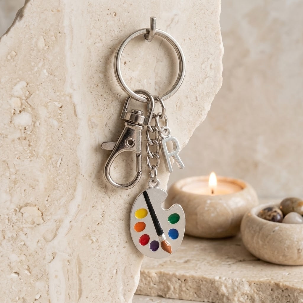 A silver metal keychain with a lobster clasp, key ring, a small letter 'R' charm, and an artist palette charm featuring multicolor paint drops and a paintbrush, displayed on a textured stone surface with a lit candle in the background.