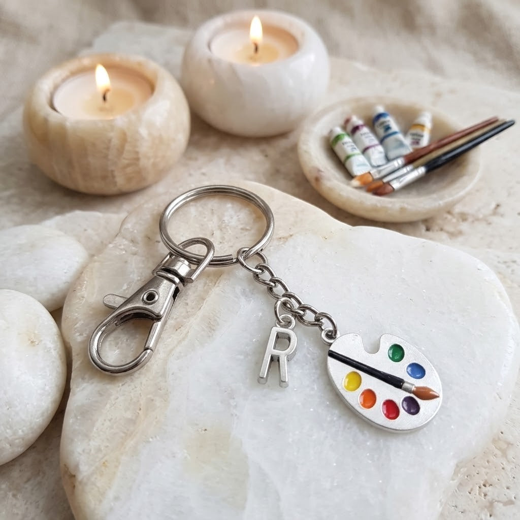 A silver metal keychain with a lobster clasp, an 'R' initial charm, and a paint palette charm with colourful paint wells, displayed on a white stone with candles and art supplies in the background.