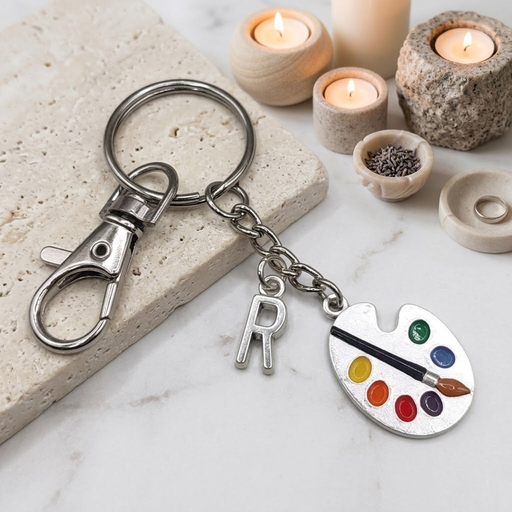 A silver metal keychain with a lobster clasp, a hanging letter 'R' charm, and a paint palette charm decorated with colourful paint dots and a paintbrush. The keychain is styled on a textured stone slab with lit candles in the background.