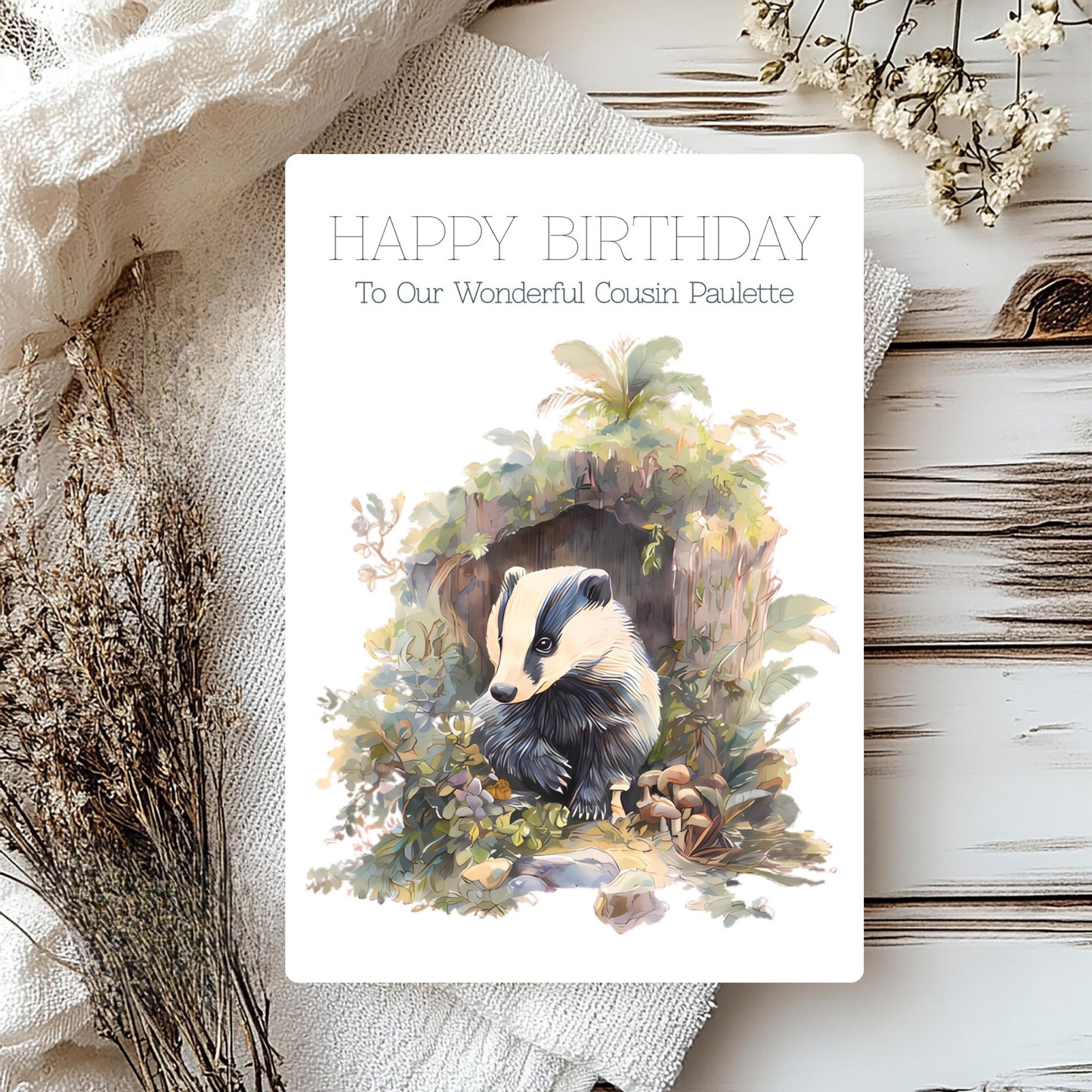 Birthday card with badger illustration on a rustic background