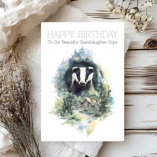 Birthday card with a badger illustration on a rustic background