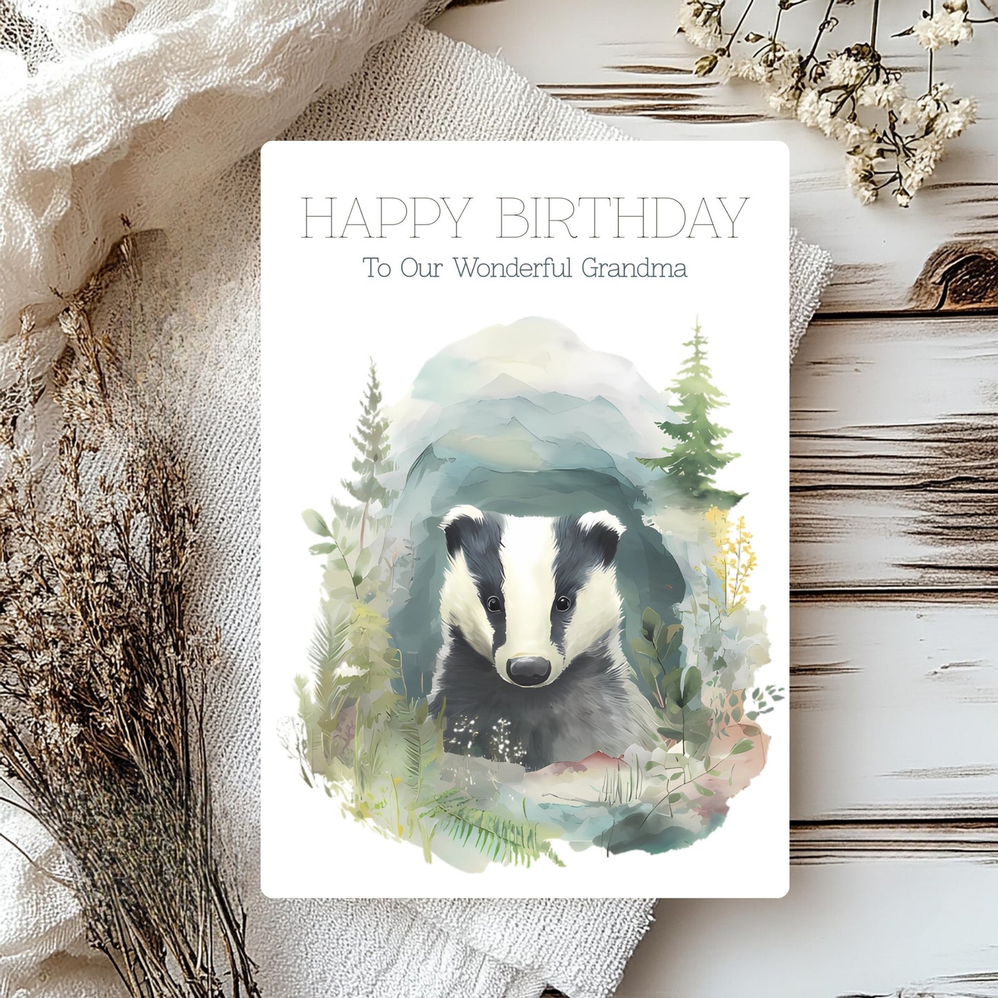 Birthday card for a wonderful grandma with a badger illustration on a natural background