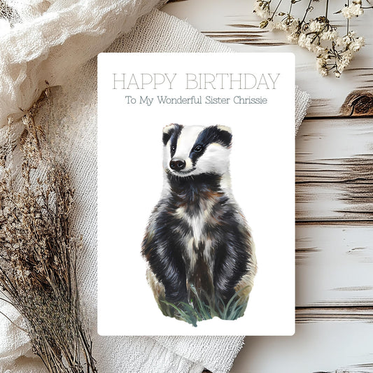Greeting card with a badger illustration and 'Happy Birthday' text on a rustic background.