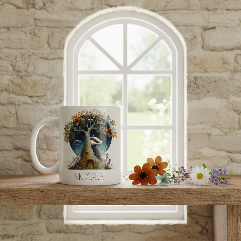 Mug with a nature-themed design with badger on a wooden surface with flowers, against a stone wall and window background.