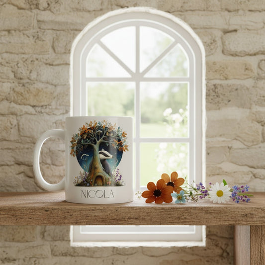 Mug with a nature-themed design with badger on a wooden surface with flowers, against a stone wall and window background.